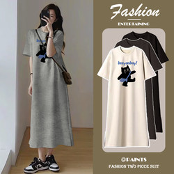 2026 New Summer Short-Sleeved Dress Korean Style Casual Lazy Style T-Shirt Dress Loose Large Size Over-The-Knee Long Skirt