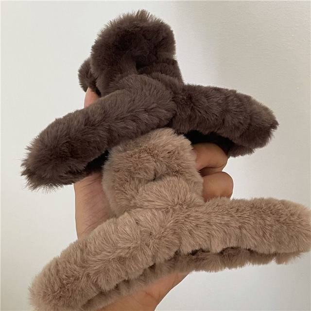 Korean milk coffee color 13cm hair accessory cross hair clip large imitation rabbit plush hair clip back head hair clip for women