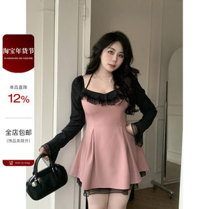 Miss slightly fat big size lace spliced ​​contrasting color long-sleeved dress for women's spring new style scheming waist-hugging A-line skirt
