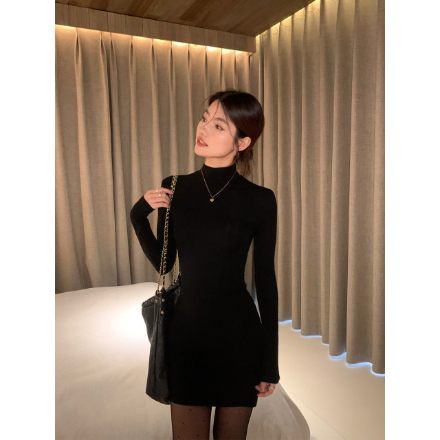 pusumede black slim knitted dress for women long-sleeved bottom skirt temperament half high neck tight hip-covered skirt
