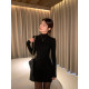 pusumede black slim knitted dress for women long-sleeved bottom skirt temperament half high neck tight hip-covered skirt