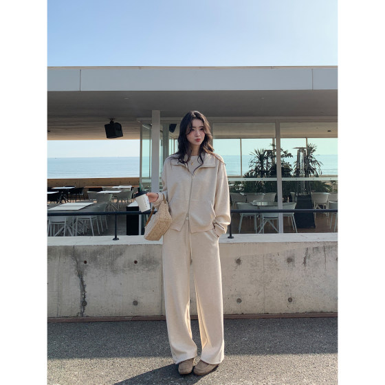 
pusumede Relaxation Stand Collar Sweater Jacket Women's Loose Zipper Knitted Cardigan + Casual Pants Set