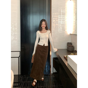 
pusumede high waist corduroy skirt for women in autumn and winter straight skirt rear slit hip-pack skirt temperament long skirt