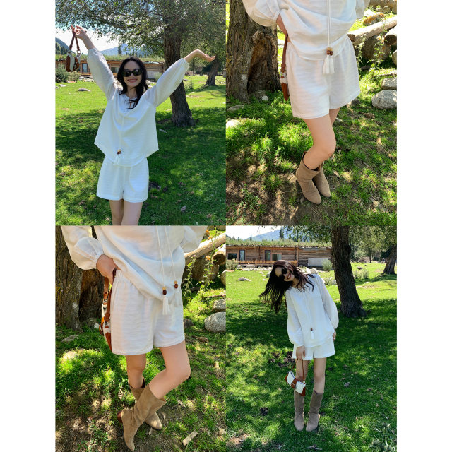 pusumede French white round neck long sleeve shirt for women loose slim twilight top wide-leg shorts set