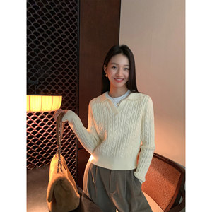 Pusumede black Polo collar twist sweater female autumn and winter retro loose krane outside wearing sweater tops