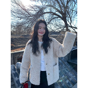 Pusumede environmentally friendly imitation lamb fur girl autumn and winter warm fur coat integration round neck temperament hair coat
