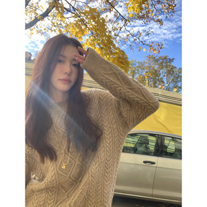 
pusumede California Log Diamond Retro Sweater Women's Thickened Lazy Knit Loose Pullover Top