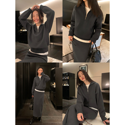 Pusumede Black Half Turtleneck Zipper Knitted Sweater Women's Autumn And Winter Loose Slimming Knitted Bottoming Top