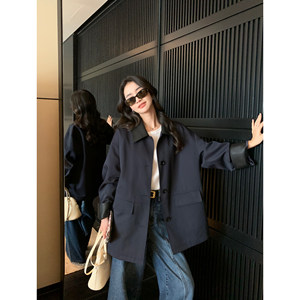 
pusumede British tone contrasting spliced ​​windbreaker jacket for women lapel loose mid-length cotton coat