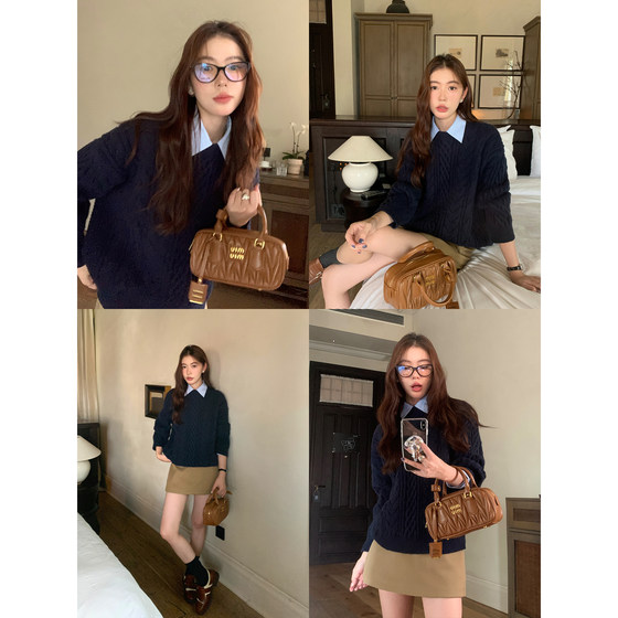 pusumede afternoon earl round neck pullover sweater women's soft loose loose style sweater