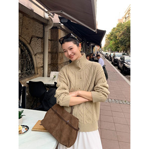 
Pusumede turtleneck twist sweater cardigan for women in autumn and winter new loose lazy high-end retro jacket top