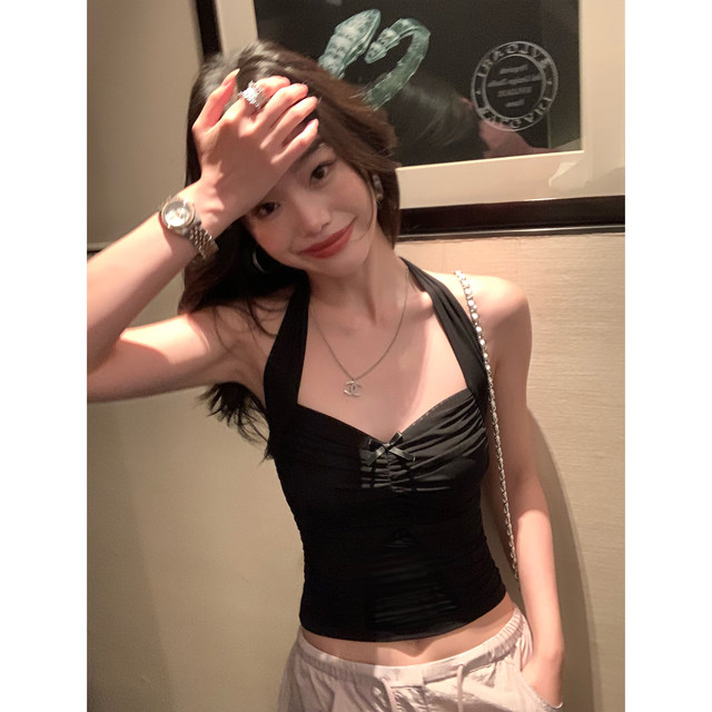 
Pusumede sexy neck halter mesh suspender for women wearing wrinkled and smudged design niche and unique vest top