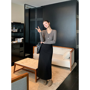 
pusumede black high-end straight skirt for women in autumn and winter high-waisted long skirt commuter wool skirt