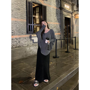 
pusumede black knitted skirt for women in autumn and winter new casual and versatile temperament long skirt loose a line skirt