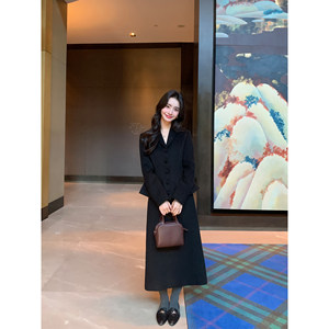 
pusumede dark tone elegant black woolen waisted blazer women's woolen straight skirt suit