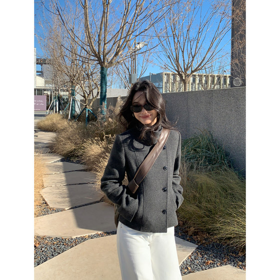 
pusumede neat posture gray stand collar woolen woolen coat women's slim warm short woolen top