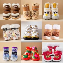 Warm and Thick Cotton Shoes for Autumn and Winter, Non-Slip and Wear-Resistant Dog Paw Covers, Non-Removable Pet Puppy Shoes, Set of 4 Pieces