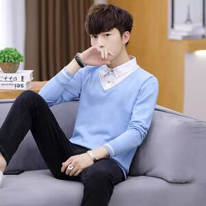 
Fake two-piece sweater for young men in autumn and winter, inner shirt collar, plus velvet, long sleeves, color matching, no pilling, new tops for men