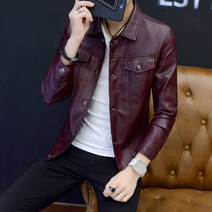 
Burgundy leather jacket for men in autumn thin slim fit genuine leather jacket Korean style trendy men's button motorcycle jacket