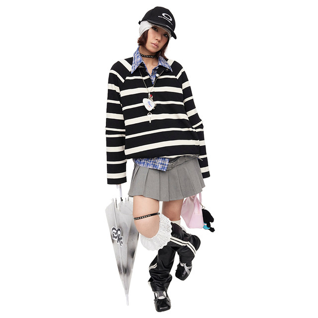 Oinkoink black and white striped stand collar removable sleeve sweatshirt with two-wear pullover half turtle neck T-shirt loose casual top
