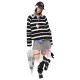 Oinkoink black and white striped stand collar removable sleeve sweatshirt with two-wear pullover half turtle neck T-shirt loose casual top
