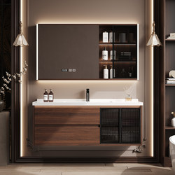 2025 New Mid-Century Style Walnut Color Bathroom Cabinet Combination Bathroom Ceramic Integrated Face Wash Basin