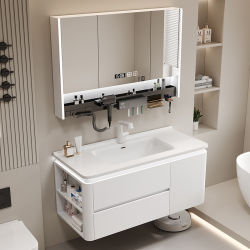 Light Luxury Minimalist Modern Style White Bathroom Cabinet Set with Integrated Ceramic Washbasin