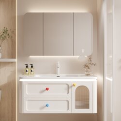 Dopamine Bathroom Cabinet with Ceramic Integrated Basin, French Light Luxury Style Bathroom Washbasin Cabinet Set