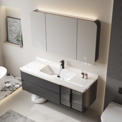 Modern Light Luxury Solid Wood Bathroom Cabinet with Integrated Ceramic Washbasin Sink and Vanity Set