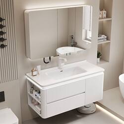 French-Style Light Luxury White Bathroom Cabinet Set with Integrated Ceramic Washbasin and Sideboard