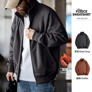 
Maden workwear American casual fleece cardigan sweater college style stand collar plus velvet sports zipper jacket men's autumn