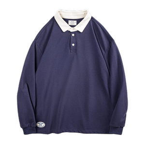 Madden Gong American retro knitted contrasting color POLO shirt sweater college style loose lavage long -sleeved T -shirt male spring
