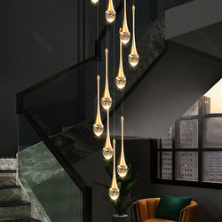 Light Luxury Staircase Water Drop Chandelier, Modern Minimalist Small Duplex Villa Living Room Suspended Rotating Crystal Chandelier