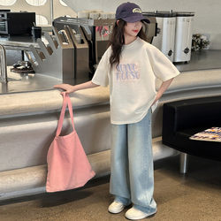 Girls Short-Sleeved T-Shirt Summer 2025 New Kidsren's Style Clothes Suit Big Kidsren Girls Summer Cotton Tops