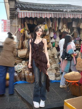 A sweet peach yikett<retro Percy> summer vacation style irregular ruffled small suspender top
