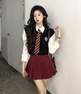 Korean Hot Girl College Wind JK Uniform Set Women's Spring Tie Tie Shirt Knitwove Vests Skit of Three -piece