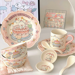 Birthday Bear Series Bowl and Plate Set for Home Use, Cute Tableware Set for One Person, Birthday Gift Box