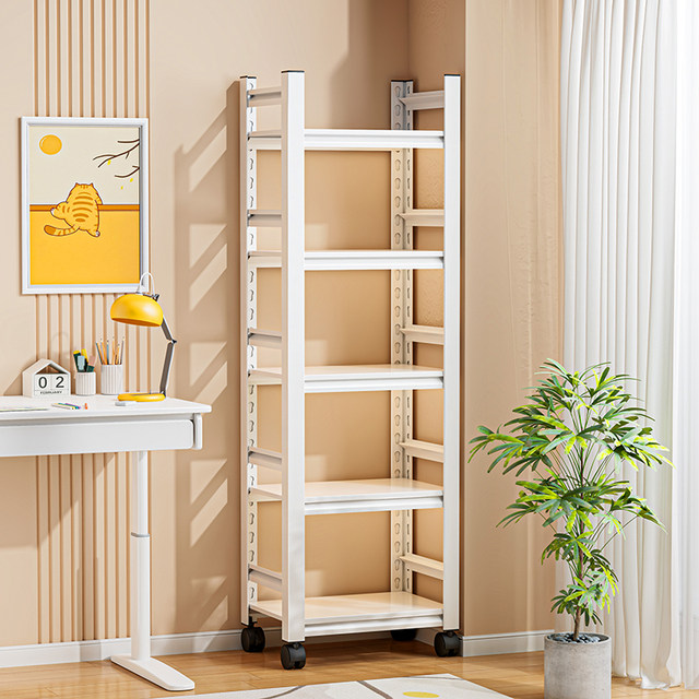 Steel bookshelf integrated with wall movable wheeled floor multi-layer storage rack iron art children's picture book storage rack