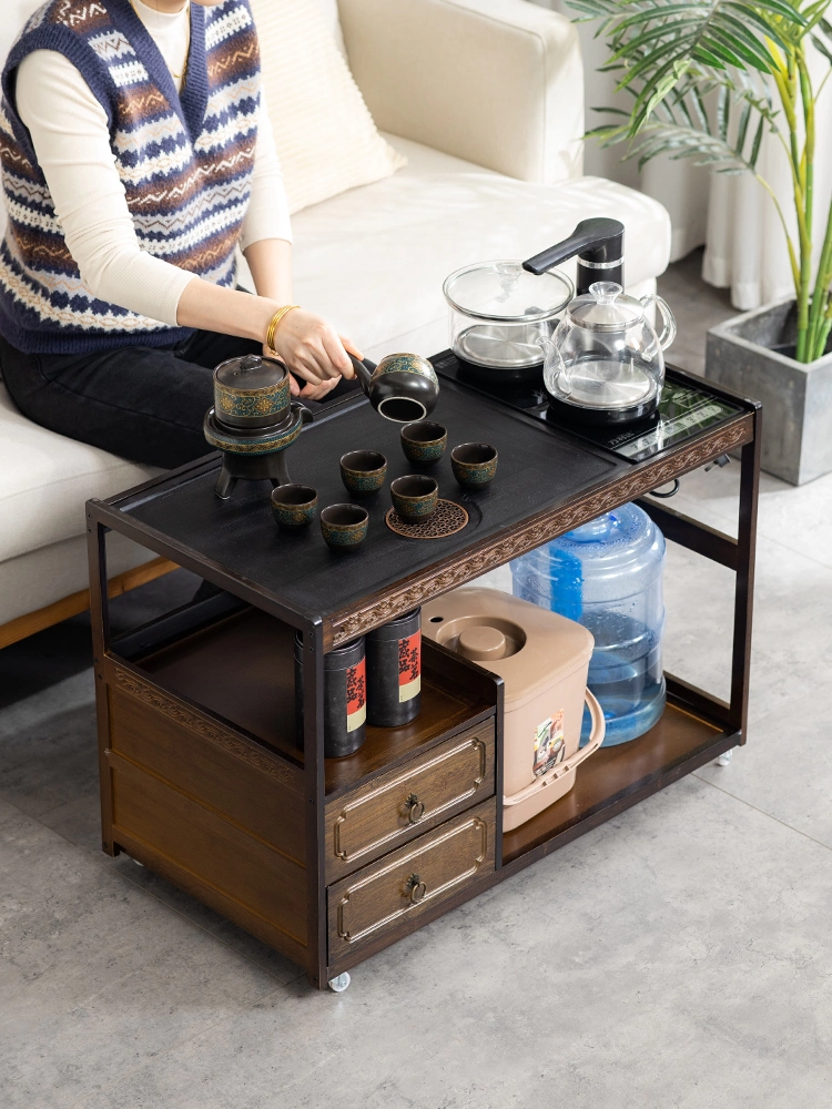 Bàn trà di động, xe đẩy trà gỗ nguyên khối gia đình, bàn cà phê phòng khách, tủ bên sofa, khay pha trà, ấm đun nước tích hợp