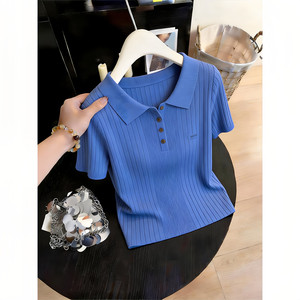 
Blue polo shirt lapel right shoulder knitted ice silk slim short-sleeved T-shirt for women summer 2026 super hot age-reducing tops