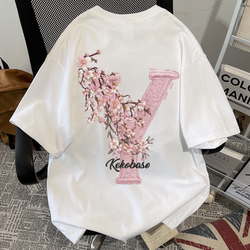 Nasawassup Letter Y Floral Print Short-Sleeved T-Shirt for Men and Women, Loose Shoulder Design Niche Top for Couples