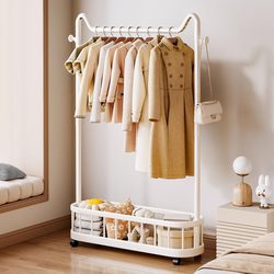 Clothes Rack Floor-Standing Bedroom Thickened Clothes Drying Rack Indoor Home Room Clothes Rack Floor-Standing Double-Rod Coat Rack