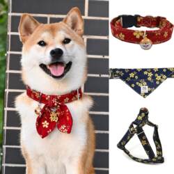 Puppy Neck Collar Shiba Inu Gold-Stamped Cherry Blossom Japanese Style Pet Dog Neckband/Scarf/Leash/Chest Harness