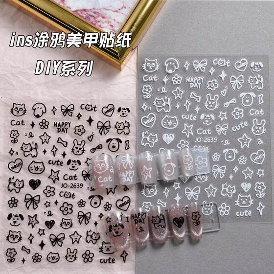 
Cartoon graffiti nail art stickers cute cats and puppies black and white simple style versatile manicure nail decoration decals