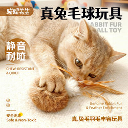 Real Rabbit Fur Ball Cat Enrichment Toy, Silent, Bite-Resistant, Self-Entertaining, Boredom-Relief Magic Tool, Feather Cat Teaser Stick Supplies, Cat Toys
