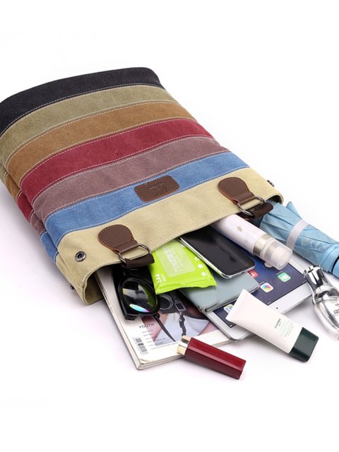 Striped Contrasting Color Stitching Canvas Bag Women's Bag 2025 New ...