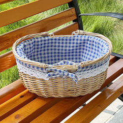 Double-Handle Linen-Lined Wicker Picnic Basket with Movable Handle, Whole Wicker Storage Basket, Fruit Basket, Gift Basket