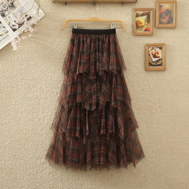 2024 spring and summer new high-waist multi-layer irregular plaid tulle skirt spliced ​​plaid mesh long skirt women's skirt