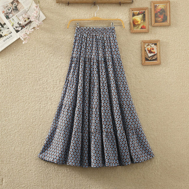 2024 spring and summer new high-waisted retro floral chiffon spliced ​​cake skirt A-line printed long skirt women's skirt