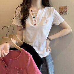 V-Neck Short-Sleeved T-Shirt for Women, Summer 2026 New Style, Plus Size, Loose and Stylish, Age-Reducing, Tummy-Covering Top